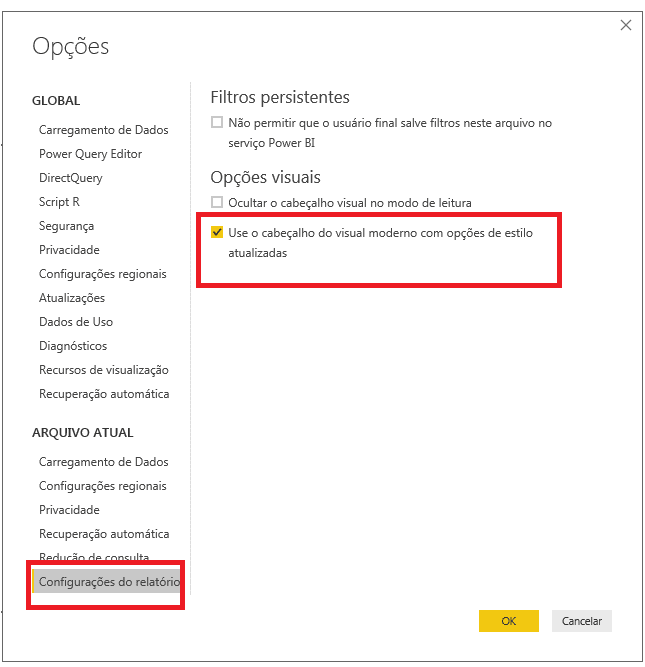 Cabeçalho do visual moderno do power BI