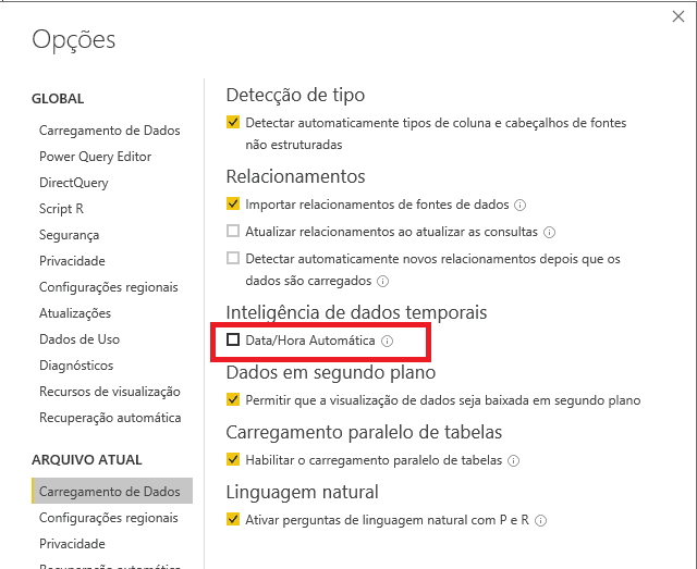Opções do Power BI
