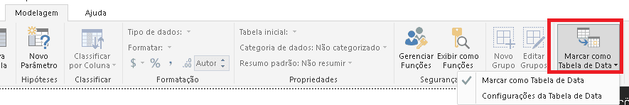 Marcar como tabela de data do Power BI