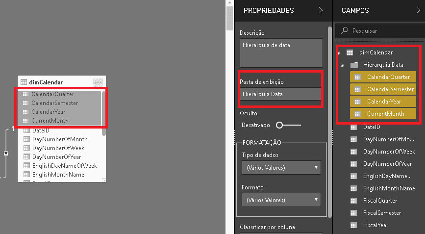 Pasta de exibição de modelagem de dados do Power BI