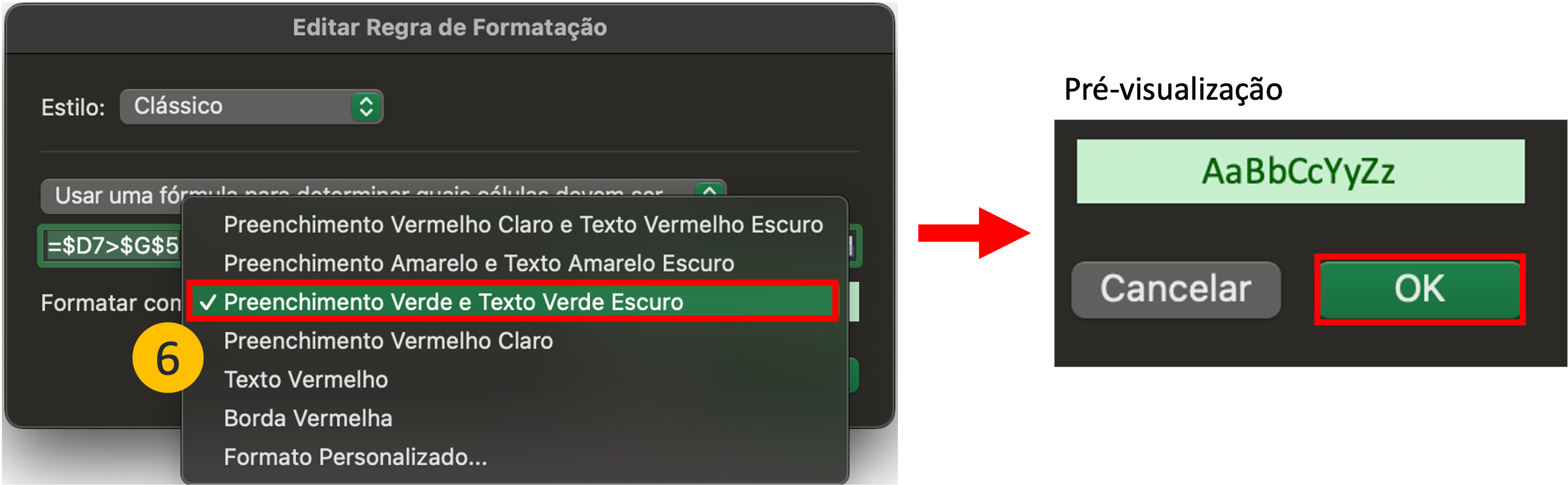 Definições para formatação condicional no Excel